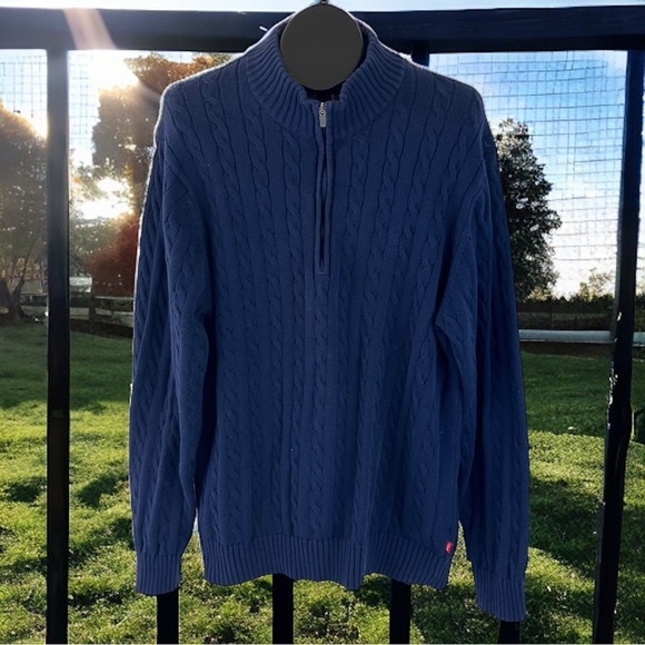 Blue Izod Cotton 1/4 Zip Cable Knit Sweater - Size L - Picture 5 of 15